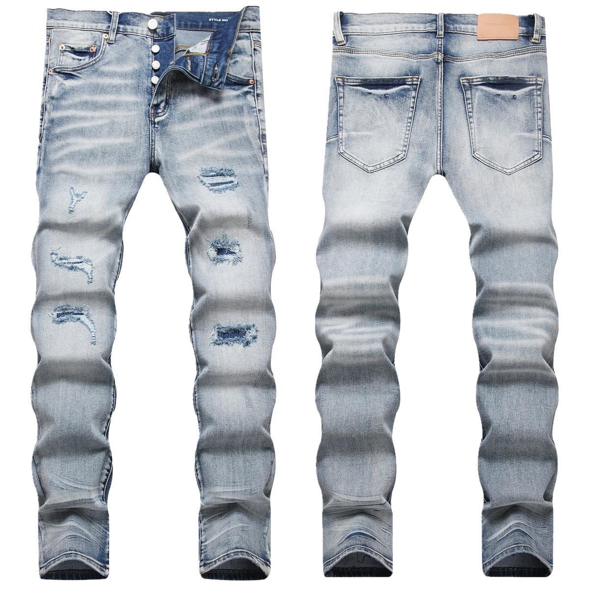 

Джинсы PU бренда Cross Border с рваными дырами, нашивной тканью, уличные, мужские, облегающего кроя, зауженные к низу 38 светло-синий