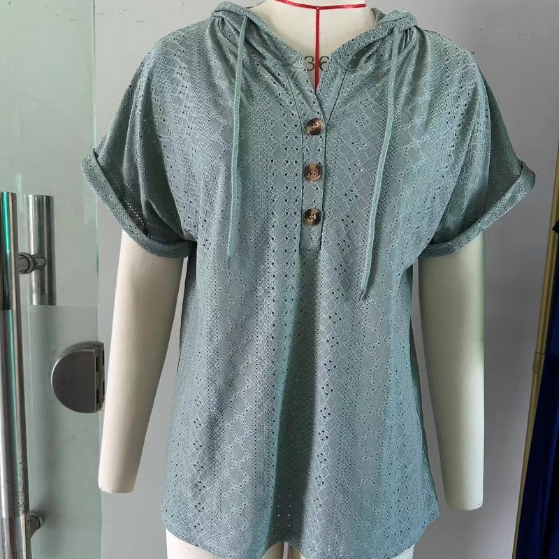 Summer Solid Loose Casual Shirt Women with Hooded Vintage Short Sleeve Tee Women's Blouse Tops Buttons V Neck Plus Size Blouses Female 24298
