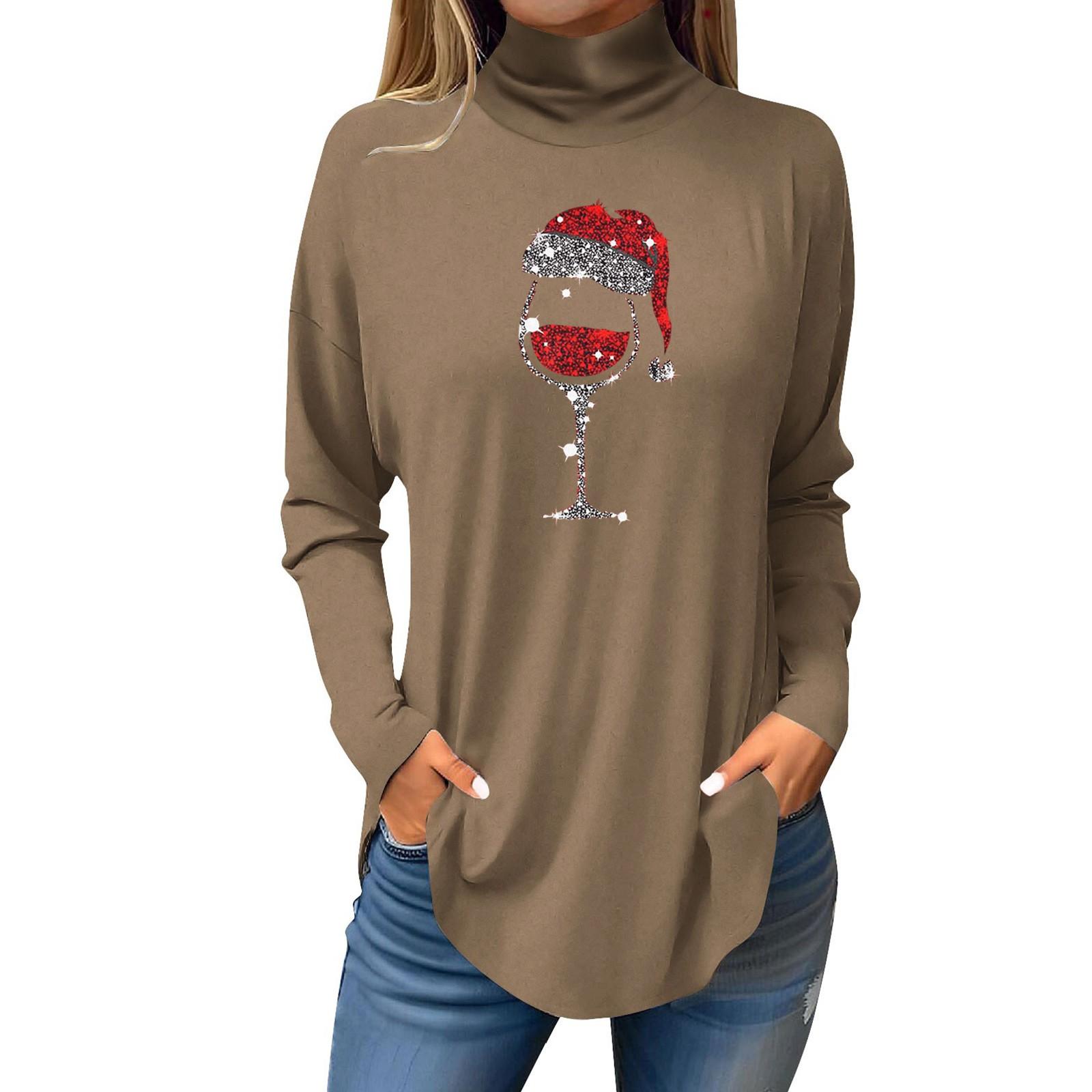 

Женская свободная водолазка с рождественским принтом, футболка с длинными рукавами, топ и джемпер S хаки