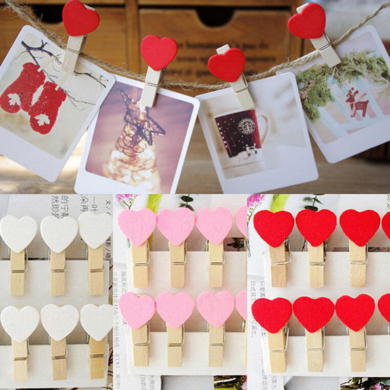 20Pcs Mini Cute Heart Wooden Pegs Photo Clips Room Wedding Craft Decor