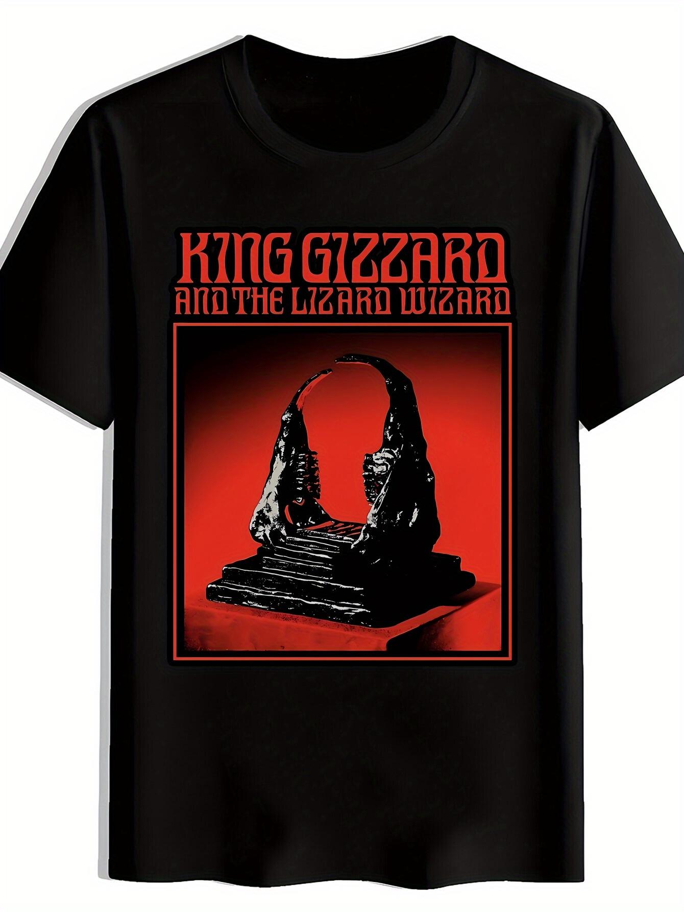 Black T-shirt with King Gizzard & The Wizard Wizard Graphic - Retro Rock Band Design L