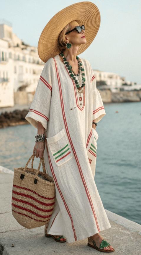3D digital printing V-neck five-quarter sleeve long pocket Kaftan dress