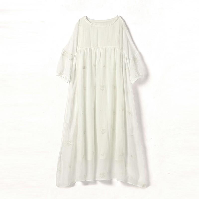 Johnature Woman Summer O-Neck Embroidery Loose Dress Fashion Retro Solid Color Half Sleeve Vintage Dress