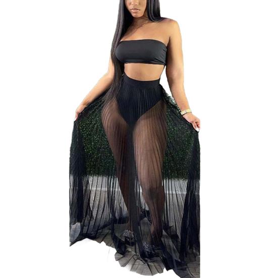 3Pcs/Set Vest Skirt Set Sexy Bandeau Tops High Waist Briefs Mesh Pleated Long Skirt Set Solid Color Outfit