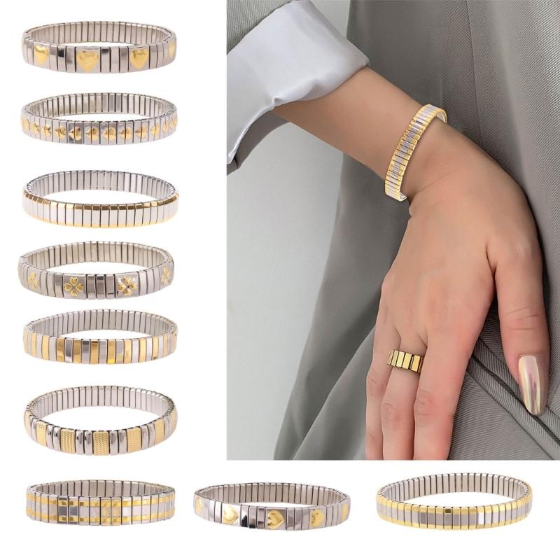Jewelry Stainless Steel Stretch Bracelet for Women, Flexible Wide Wristband Bangle Bracelets Decorated Golden Pattern