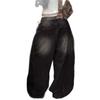 Womens Oversized High-Waist Distressed Washed Denim Wide-Leg Straight Jeans Streetwear Loose Fit