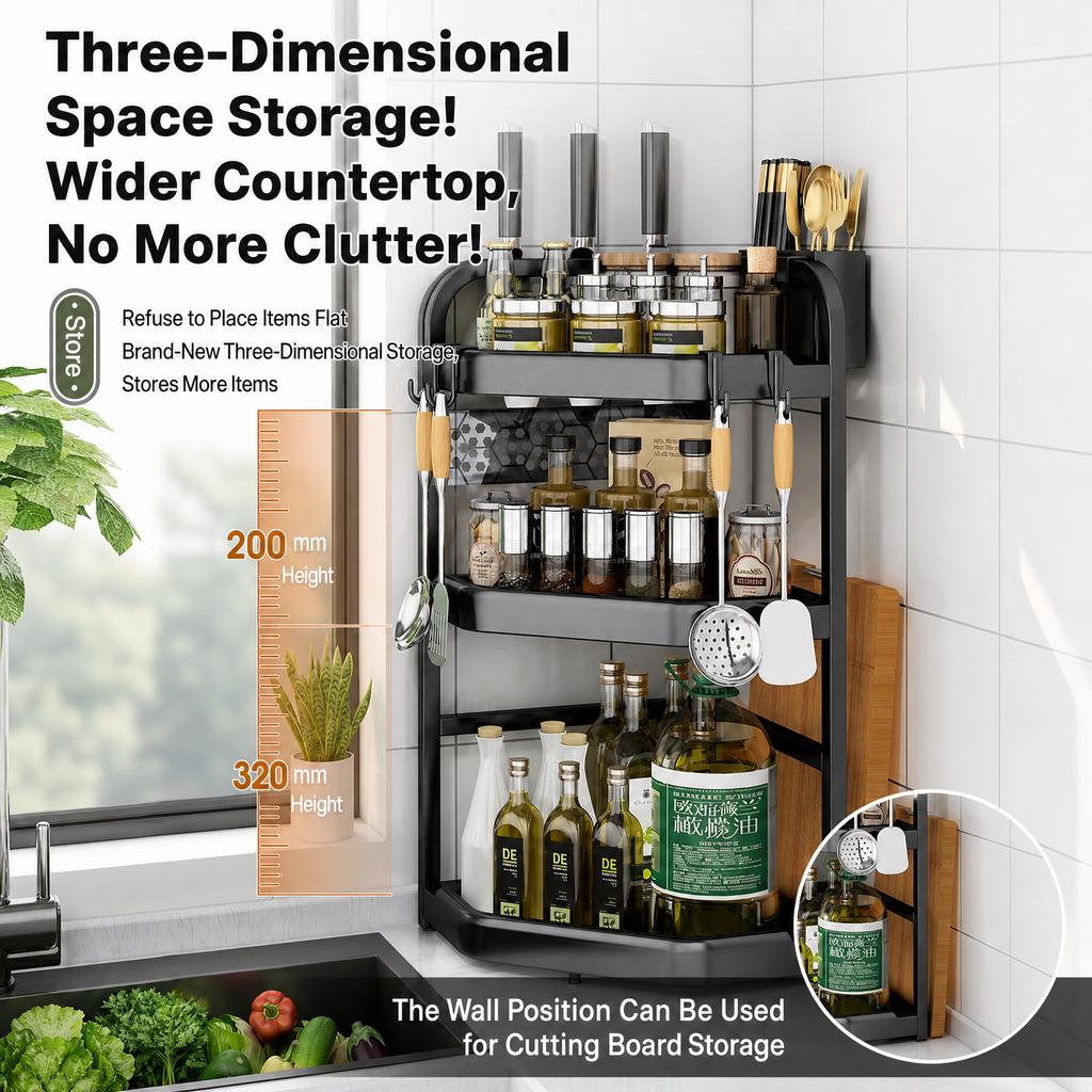 Kitchen Corner Storage Rack No-Drill Countertop Organizer Modern Minimalist Carbon Steel