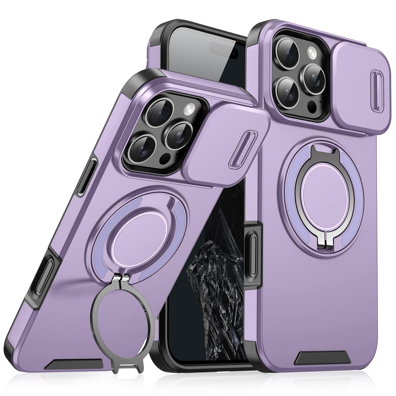 

For iPhone 16 Pro Max Magnetic Phone Case Slide Lens Protection Ring Kickstand TPU+PC Cover Purple