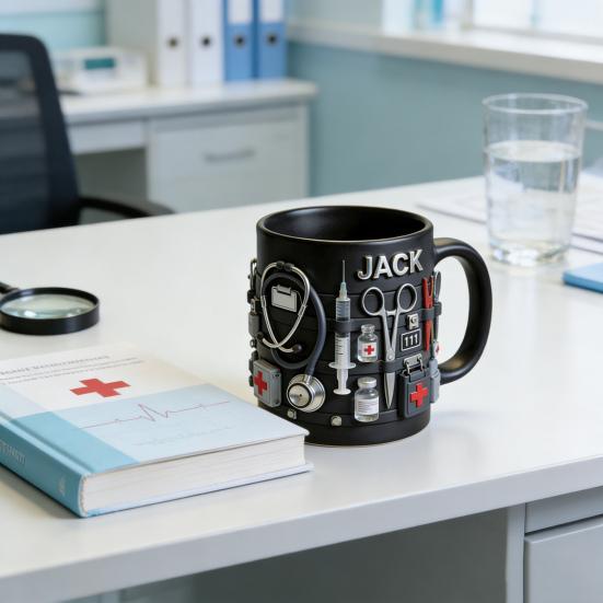 Personalisierte Tasse mit medizinischem Thema ER Jack Ersthelfer 3D Medizinische Werkzeuge Tasse Schwarze Keramik Kaffeetasse für Ärzte Krankenschwestern Praktisches Geschenk Sammlerstück