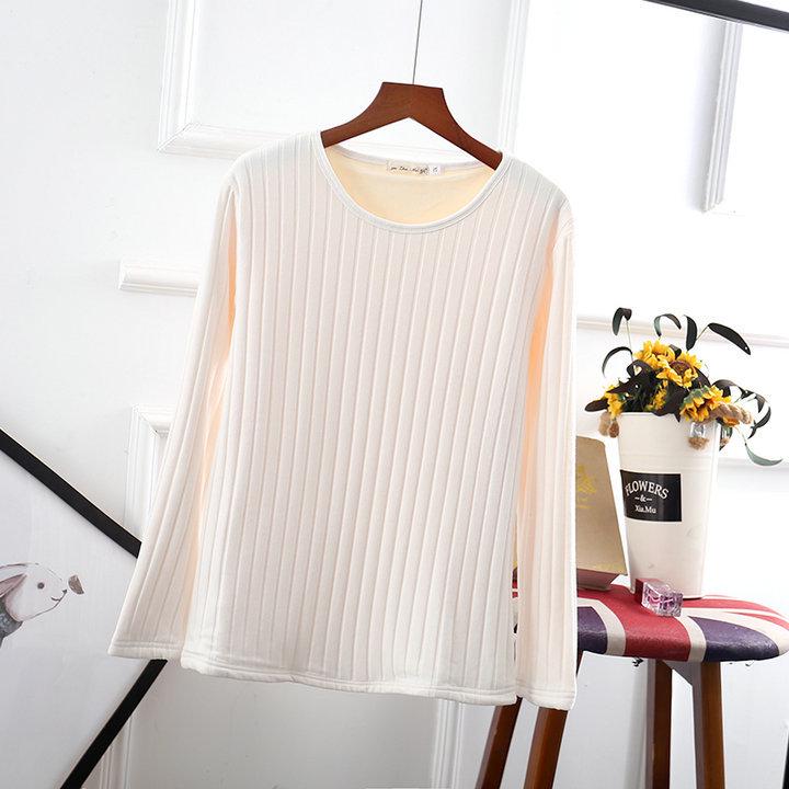 Thick Plus-Size Velvet-Lined Long-Sleeve Ribbed Cotton T-Shirt - Korean Style