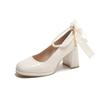 Damehøye hæler Elegant sløyfe Firkantetå Svart mote Dame Pumps Tykk hæl Bryllupsfest Perleblonde bryllupssko for kvinner
