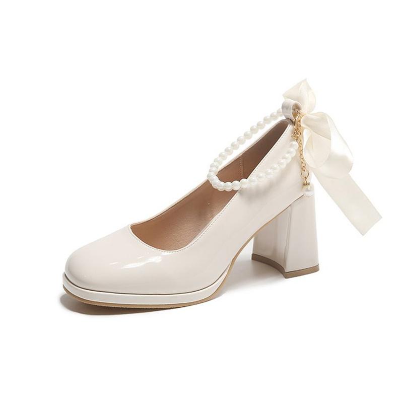 Damehøye hæler Elegant sløyfe Firkantetå Svart mote Dame Pumps Tykk hæl Bryllupsfest Perleblonde bryllupssko for kvinner