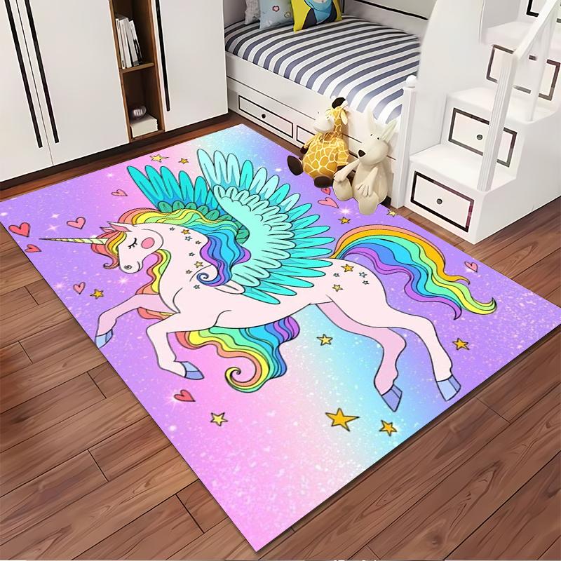 Colorful Unicorn with Wings and Rainbow Design - Non-slip Rug Suitable for Living Room and Bedroom Sofas