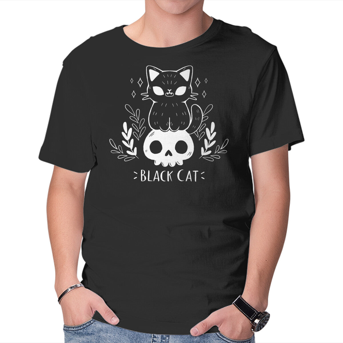 Unisex Crew Neck T-Shirt Black Cat Graphic Short Sleeve Casual Tee M