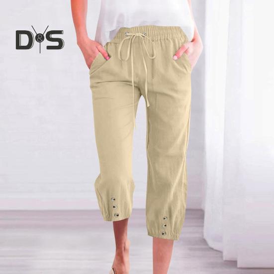 Women Cropped Pants Elastic Waist Adjustable Drawstring Casual Trousers with Pockets Sporty Loose Leg Design Mid-calf Pants