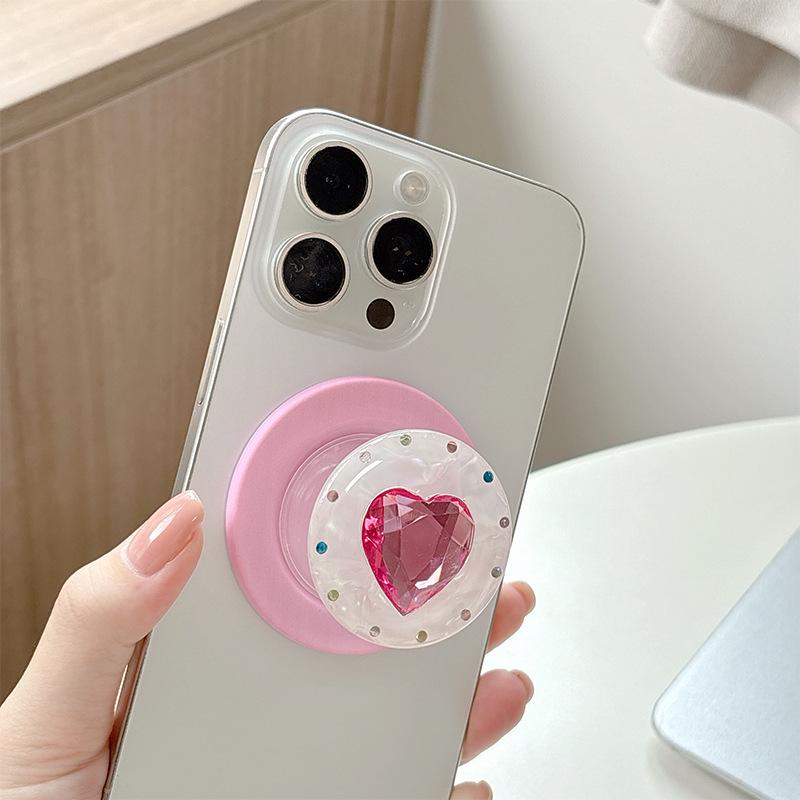 Colorful Heart Gem Rhinestone Magnetic Phone Holder with MagSafe-Compatible Retractable Finger Ring