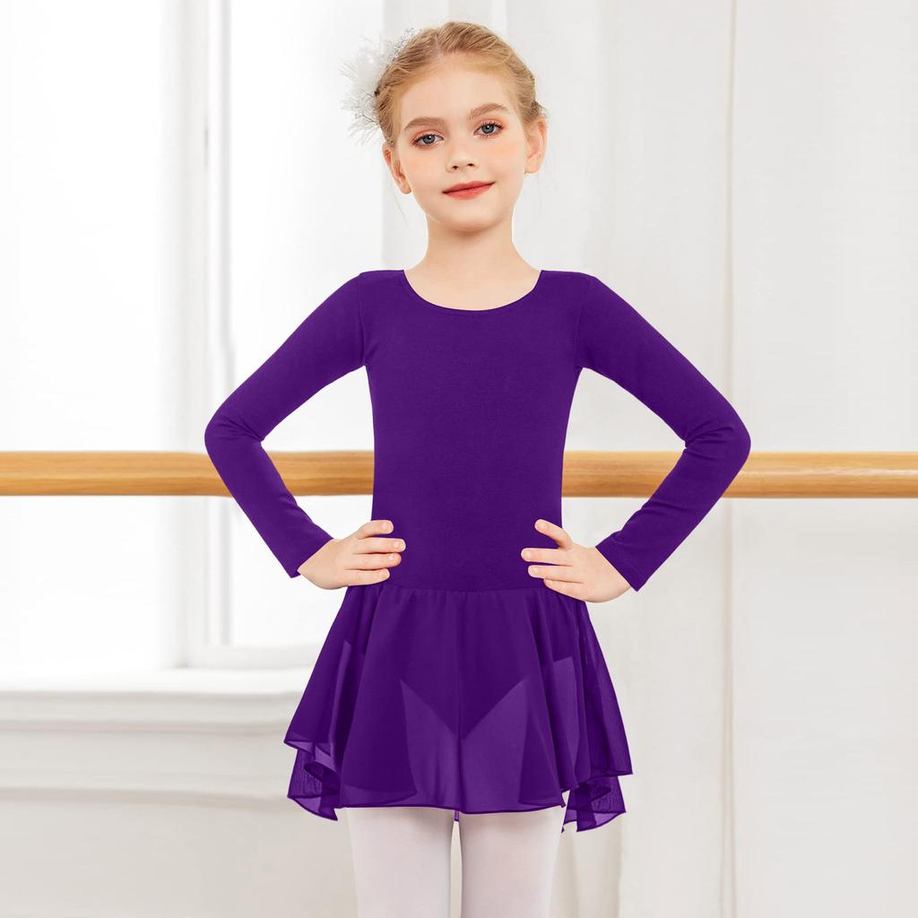 Girls' Color Long-sleeved Tulle Bodysuit Dance Costume