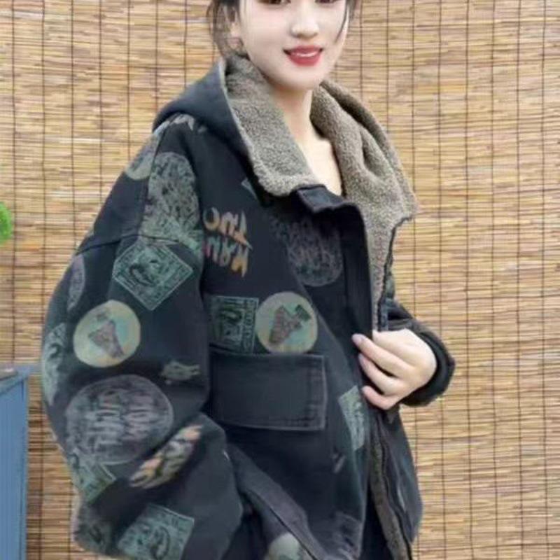 2025 Winter Women s Stylish Plaid Hooded Cotton Coat: Plus Velvet, Thickened, Casual, Versatile, Age-Reducing Medium чёрный