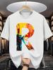 Color Splash Big R Block Letter Mens Tee Abstract Graffiti Retro Casual Short Sleeve Top