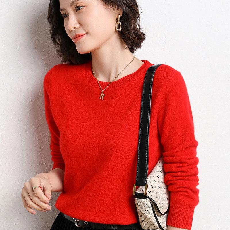 QICED Spring and Autumn Women's Pullover Knitted Sweater, Round-neck Solid Color, Fashionable and Simple Long-sleeved Base Layer
