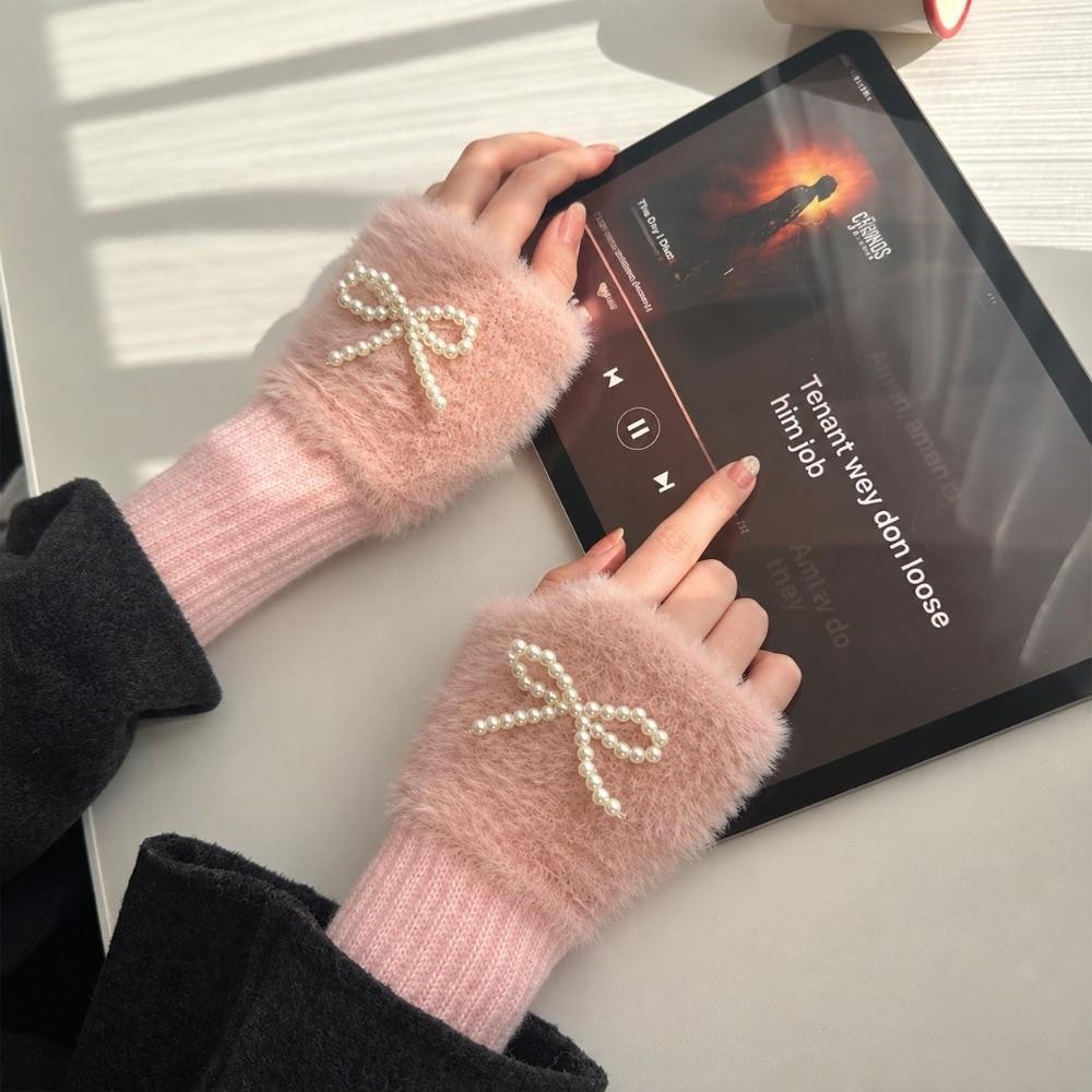 Pearl Bowknot Winter Fingerless Gloves Thickened Bow Gloves Softo= Wrist Sleeves Winter