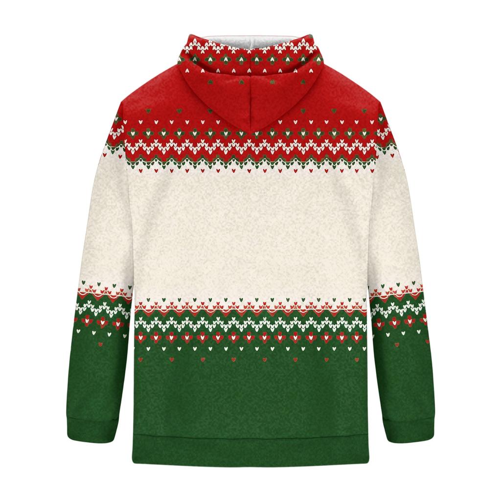 Men's Casual Loose Fit Hooded Sweatshirt with Christmas Print and Large Pockets