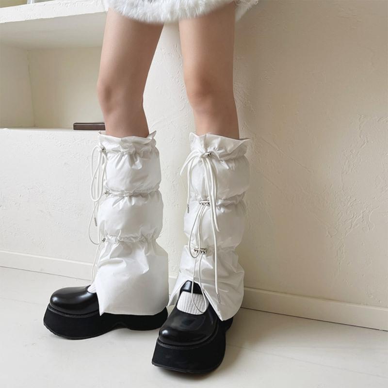 Women Winter Padded Puffer Leg Warmers for Outdoor and Sports Adjustable Drawstring Split Flared Boot Covers Cuffs Socks