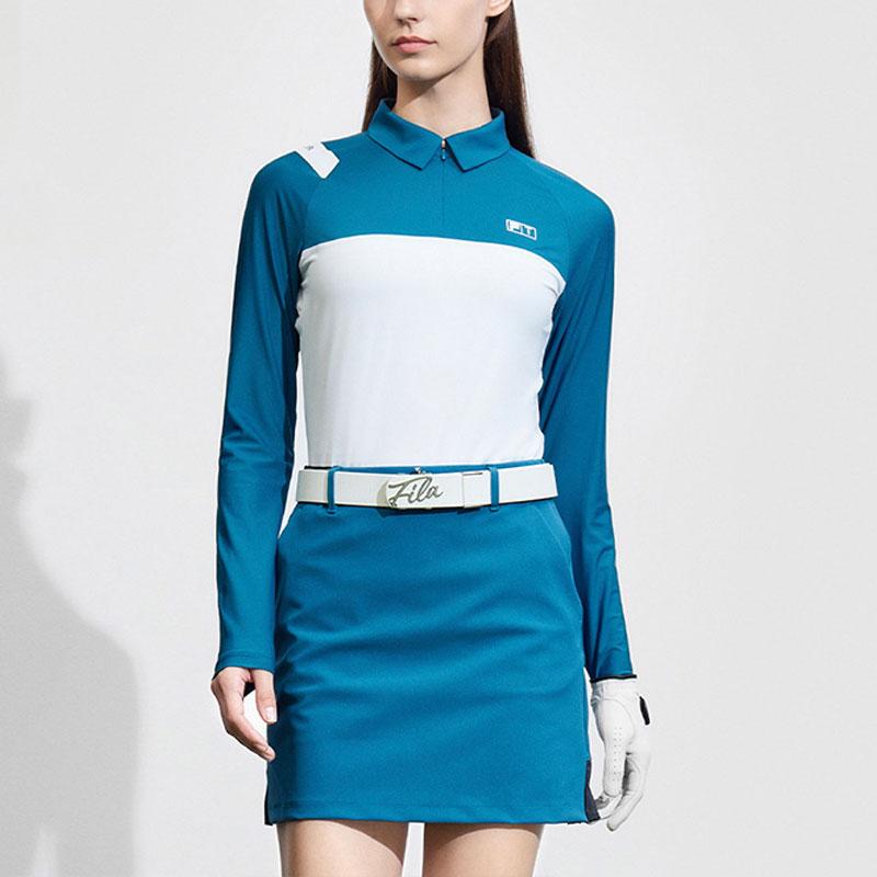 FILA Color Block Golf Knit Long Sleeve Polo Shirt Women tops Loco-Blue A11W415216F-DG