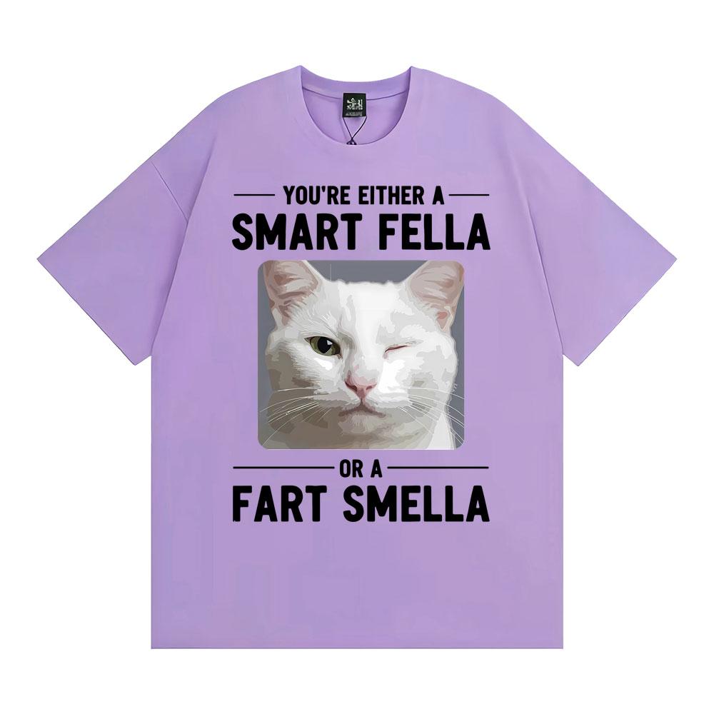 Winking Cat Smart Fella or A Fart Smella Graphic Tshirts Unisexs Women Clothing Retro Summer Short Sleeve Cotton Casual T Shirt