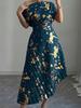 Asymmetrical Shoulder Gold Foil Pleated Dress for Women