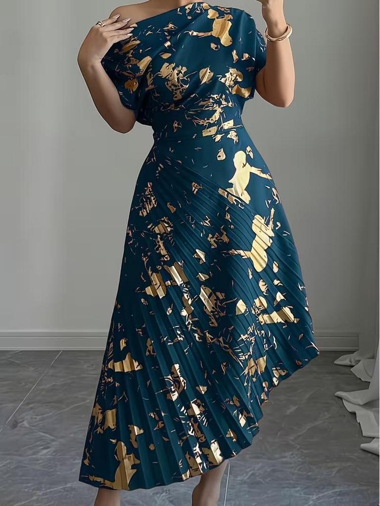 Asymmetrical Shoulder Gold Foil Pleated Dress for Women