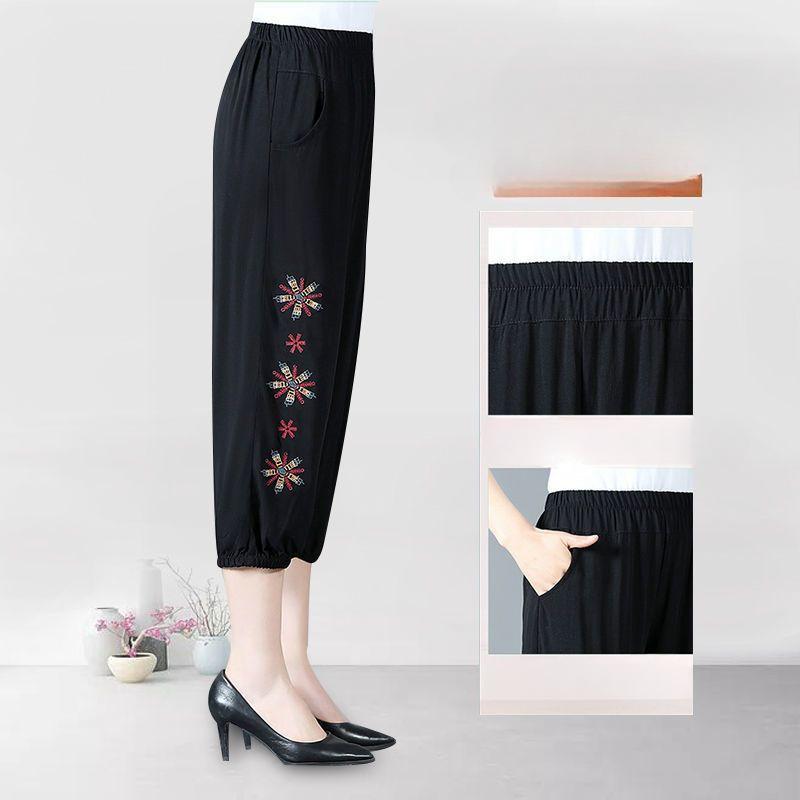 Mom's Summer Thin Embroidered Seven-Point Pants Ethnic Style Senior Women Elastic High-Waist Mid-Trousers Casual