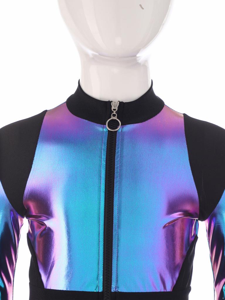 Kinder Halloween Außerirdischen Cosplay Overall: Langärmeliger Hochtaillierter Glänzender Metallischer Reißverschluss Sportlicher Body für Rollenspiele