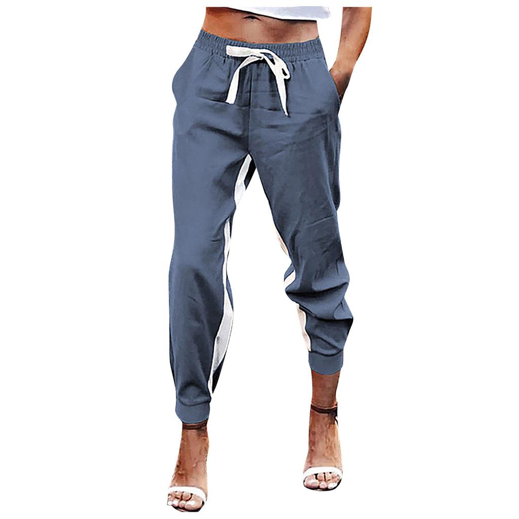 Women's Splicing Casual Tie Foot Elastic Waist String Side Pocket Pencil Pants