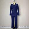 European, American autumn and winter fashion high-end blue fashion diagonal placket design women's blazer simple straight trousers suit