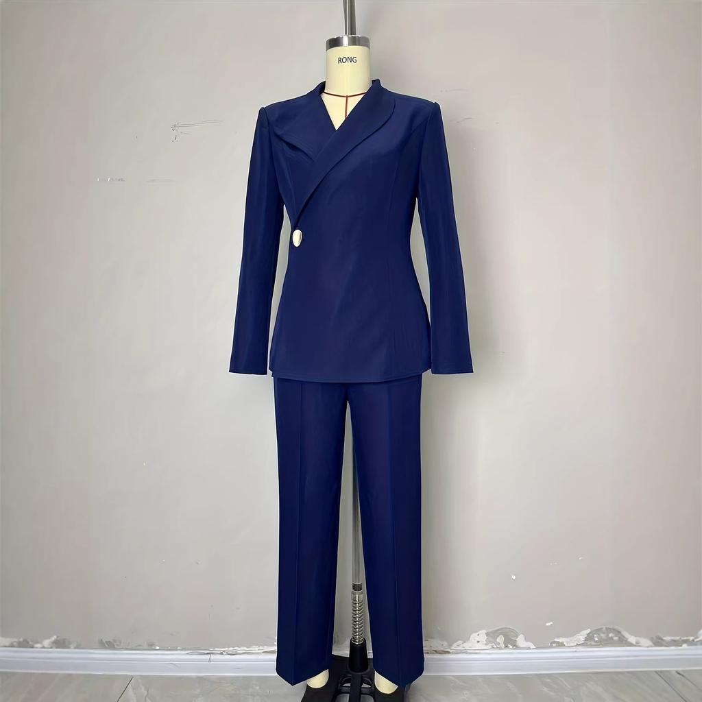 European, American autumn and winter fashion high-end blue fashion diagonal placket design women's blazer simple straight trousers suit