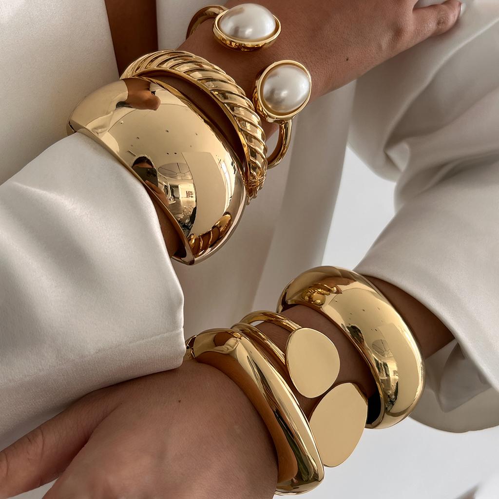 SHIXIN 6 Styles Geometric Gold Color Cuff Spring Bangles for Women Vintage Metal Chunky Wide Hand Bracelets Fashion Jewelry Y2K