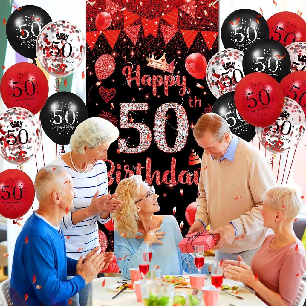 Red 50th Birthday Party Decorations for Women Men Red Black Balloons Banner Supplies Happy 50th Birthday Door Cover Banner and 18pcs Latex Balloons