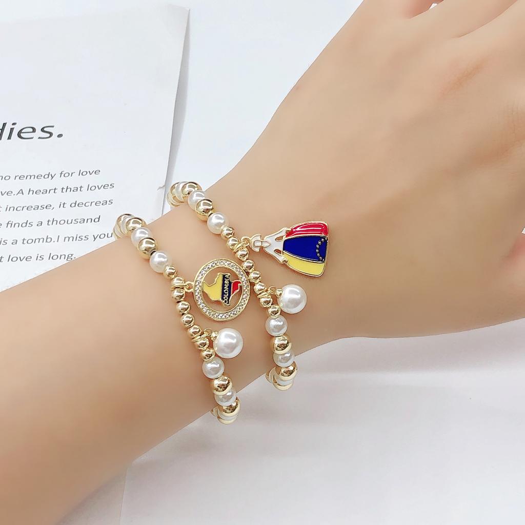 Hot Selling Pearl Chain Violin Round Heart-Shaped Venezuela Flag Stretch Bracelet: Luxury for Women Party Patriotic Jewelry Gift