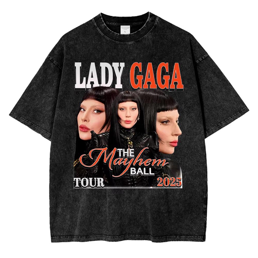 Vintage Washed Lady Gaga The Mayhem Ball Tour T Shirt Fashion Men Women Aesthetic High Quality Acid Wash Cotton