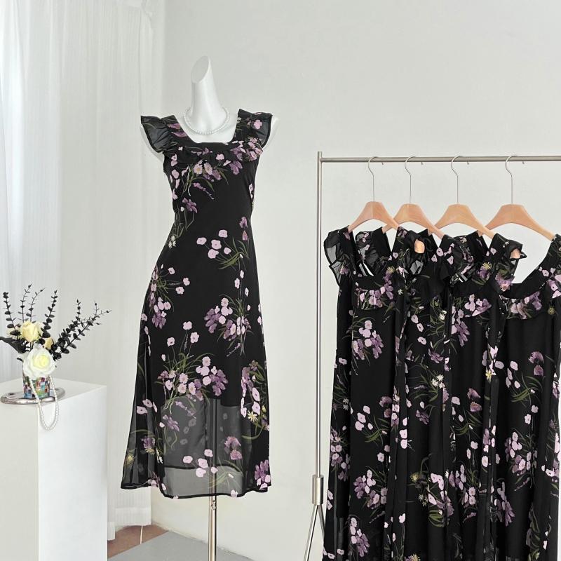 Francouzské Sexy Květinové Šaty na Ramínka Bez Rukávů Elegantní Stahující Pas Léto 2025 Přiléhavé Šaty Vintage Móda Černé Šaty