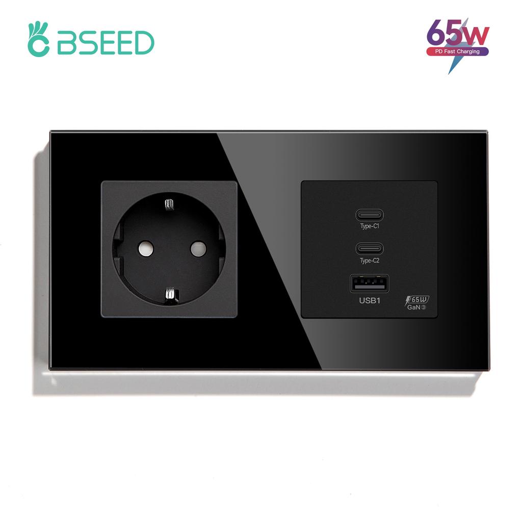 BSEED Power Sockets Electric Outlets Plus Dual Type-c USB Fast Charging Ports 65W 3A Glass Frame EU Standard Wall Embedded