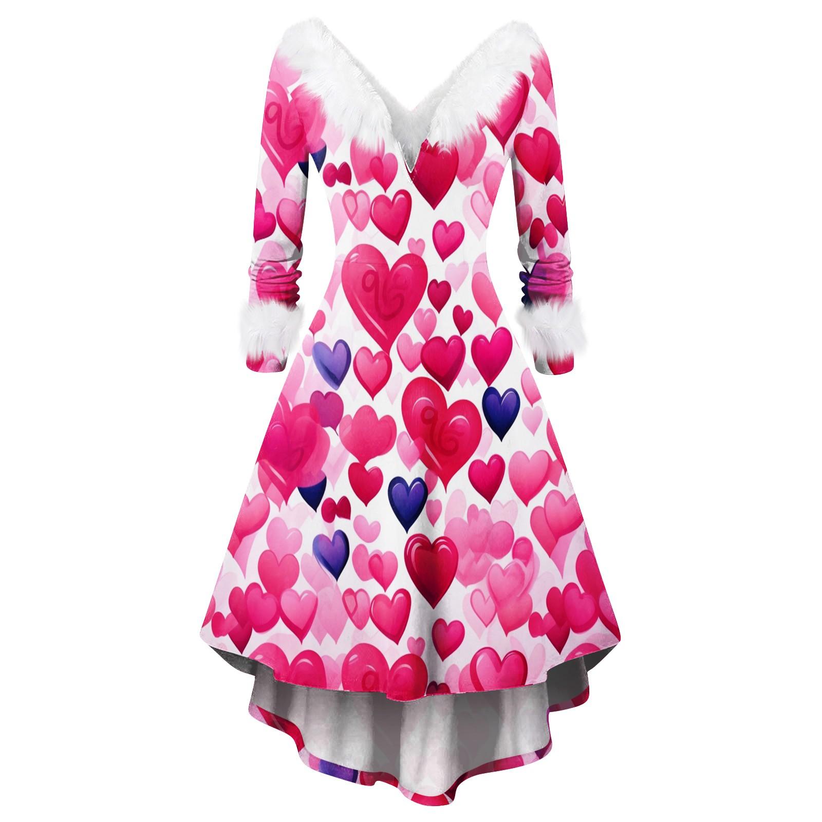 

Women s Valentine s Day Love Heart Print Fashion V-neck Casual Slim Fit Furry Party Long Sleeve Dress XXXXL рожевий