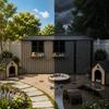 Galvanized Steel Garden House 359.4 cm x 284.2 cm (10.21 m²), Brown, with 3 Openable Windows, Lockable Double Doors and Flower Rack