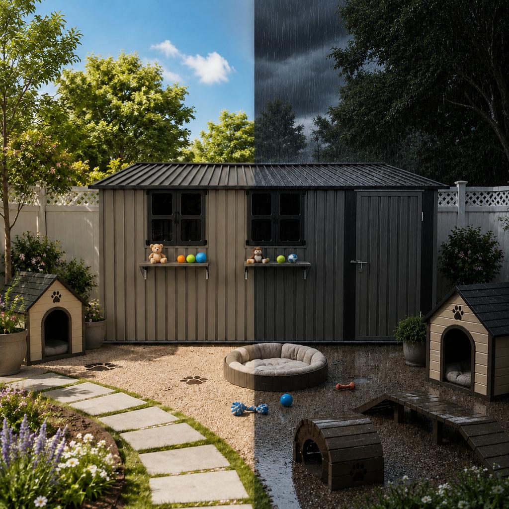 Galvanized Steel Garden House 359.4 cm x 284.2 cm (10.21 m²), Brown, with 3 Openable Windows, Lockable Double Doors and Flower Rack
