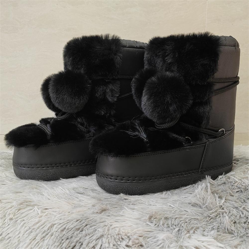 Faux Fur Boots for Women Warm Comfortable Woman Ski Boots  Winter Middle Claf Lace-up Waterproof Platform Snow Boots Black