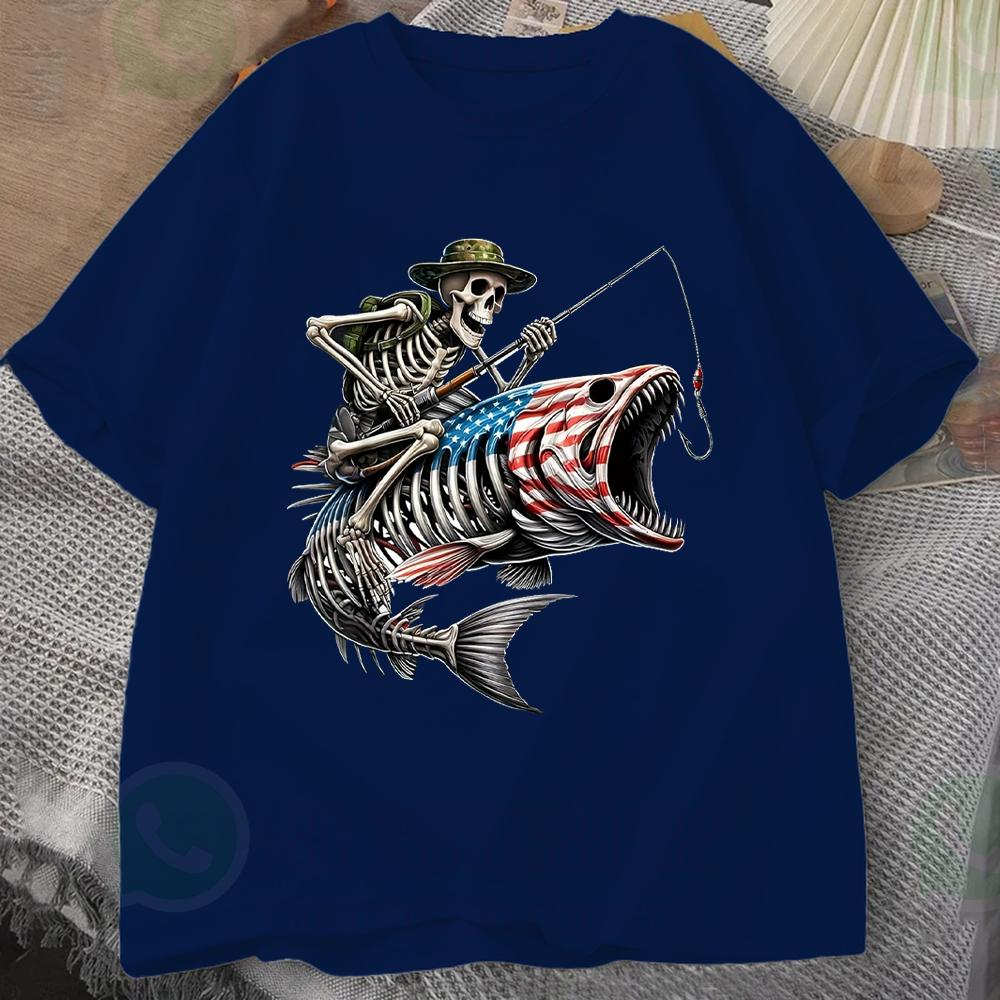 Skull Skeleton Fisherunisex Graphic Print Unisexs Cotton Tshirt Oneckshort Sleeve Tee Tops Vintage Tshirt Casual Tshirts Oversized