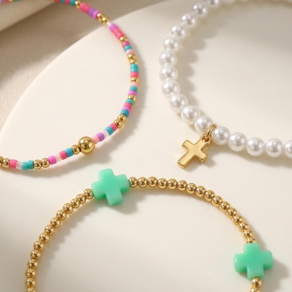 Go2boho 3Pcs Cross Beaded Bracelets for Women, Pearl Look Colorful Stackable Stretch Bracelet Set Boho Jewelry Gifts