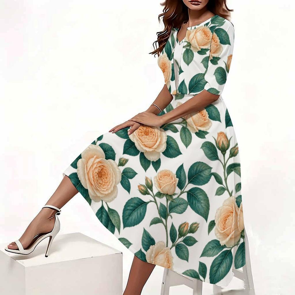 Women Plus Size Two Piece Dress Set V Neck Floral Printed Red Poppy White Midi Dress