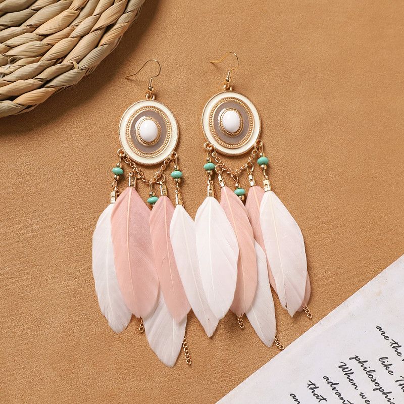 Ethnic Style Bohemia Feather Earrings White Long Style Fashion Retro Stylish Tassel Female Holiday Trip Shoot Earrings